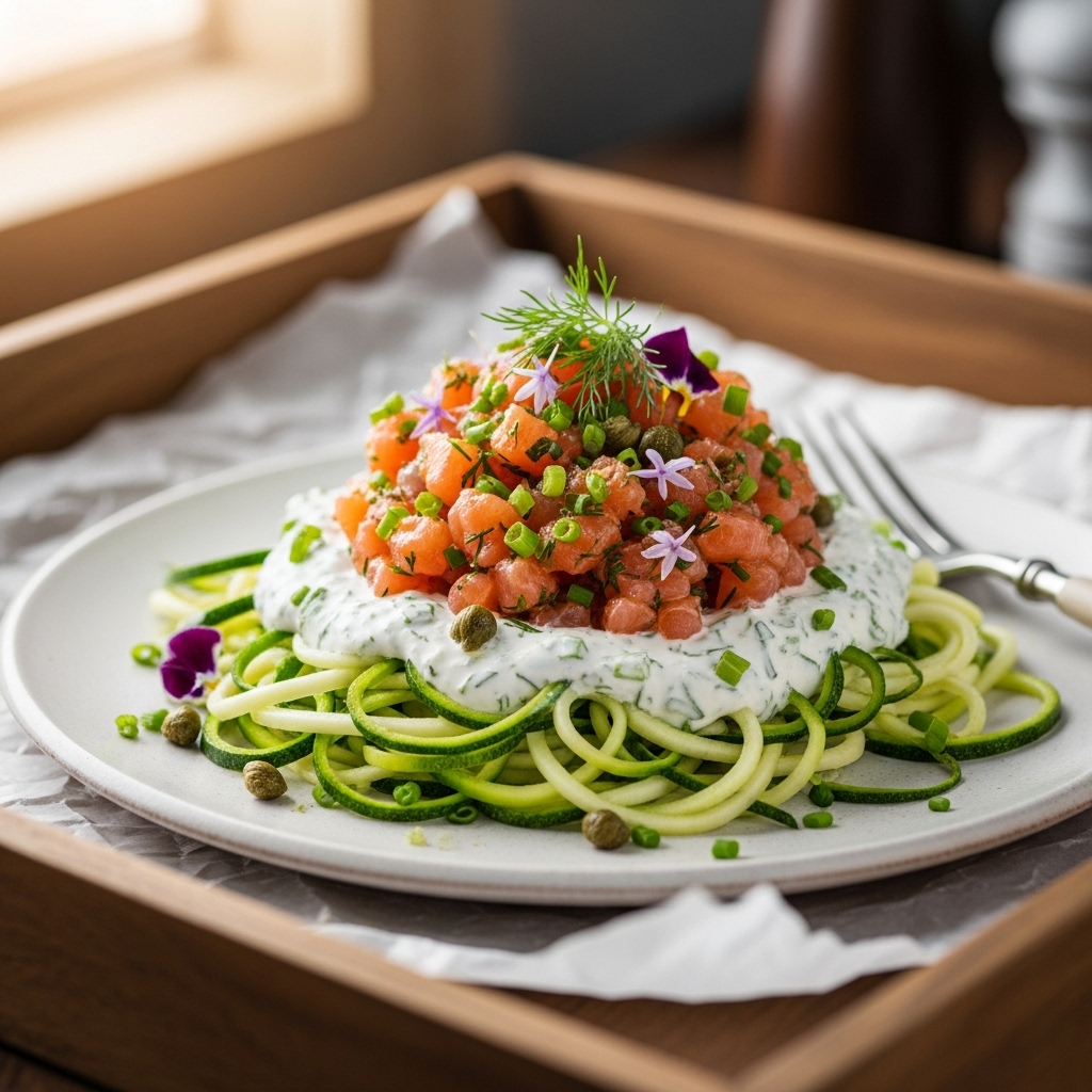 Cinematic Nordic Paleo Brunch: Luscious Smoked Salmon Tartare on Zucchini Noodles with Herbed Cream Sauce
