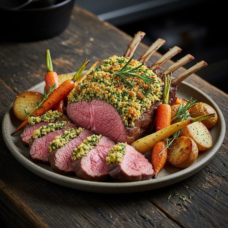 Classic New Zealand Lamb Rack with Herb Crust and Roasted Vegetables
