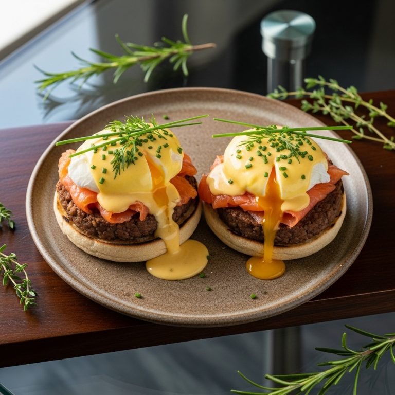 Classic Scottish Brunch: Smoked Salmon Eggs Benedict with Haggis and Whisky Sauce