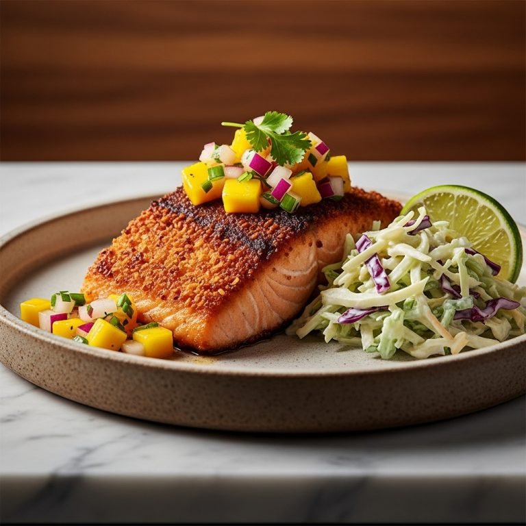 Coconut-Crusted Jerk Salmon with Mango Salsa & Creamy Lime Slaw (Keto-Friendly Caribbean Lunch)