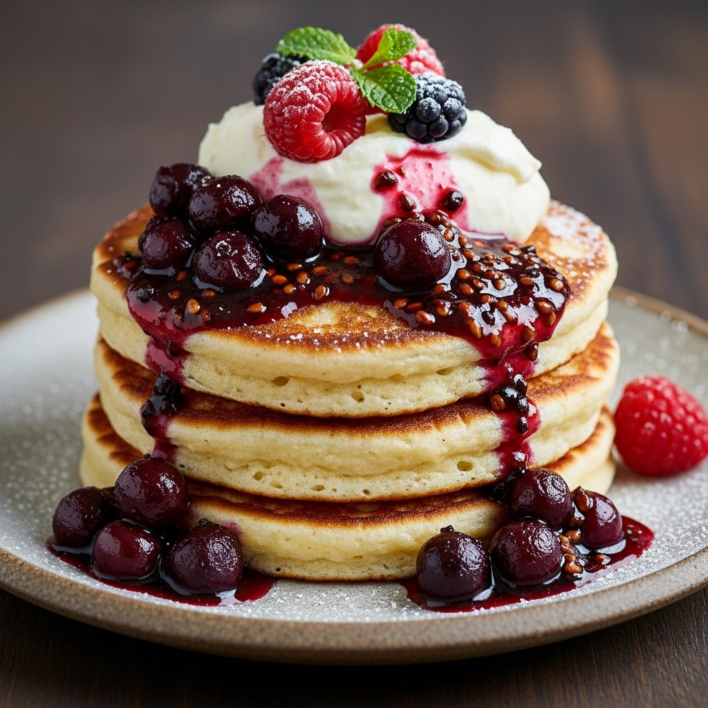 Coconut Flour Pancakes with Spiced Berry Compote and Cream Cheese Mousse