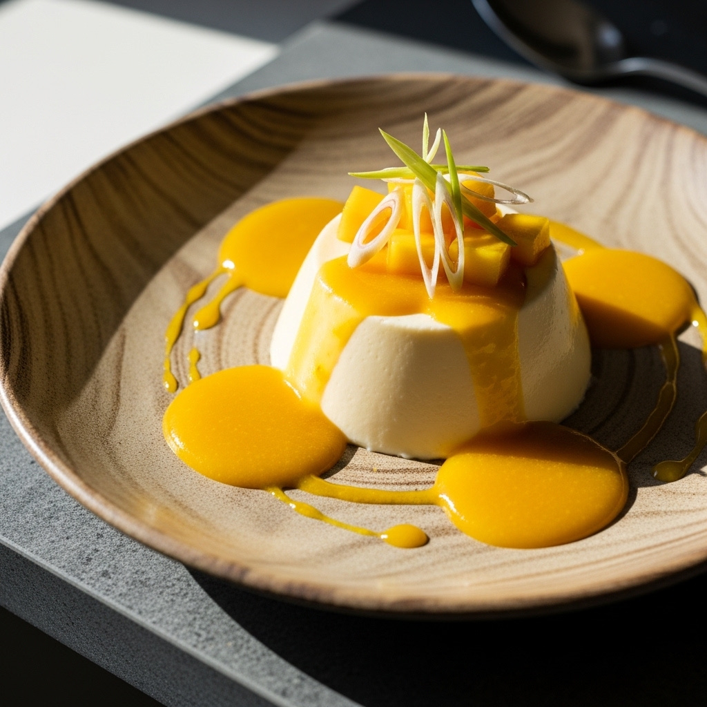 Coconut Lemongrass Panna Cotta with Mango Couli