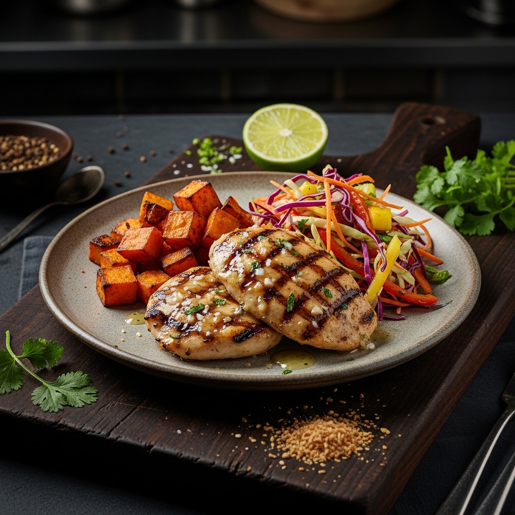 Coconut Lime Grilled Chicken with Roasted Sweet Potatoes & Tropical Slaw