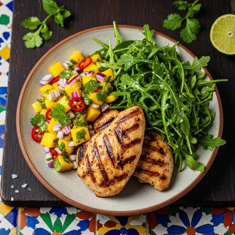 Coconut Lime Grilled Chicken with Spicy Mango Salsa and Rocket Salad (Paleo)