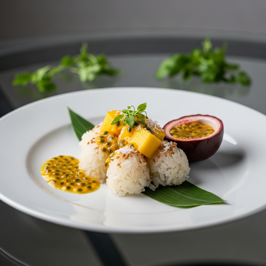 Coconut Sticky Rice Bites with Mango and Passion Fruit Sauce – A Tropical Thai Dessert Experience!