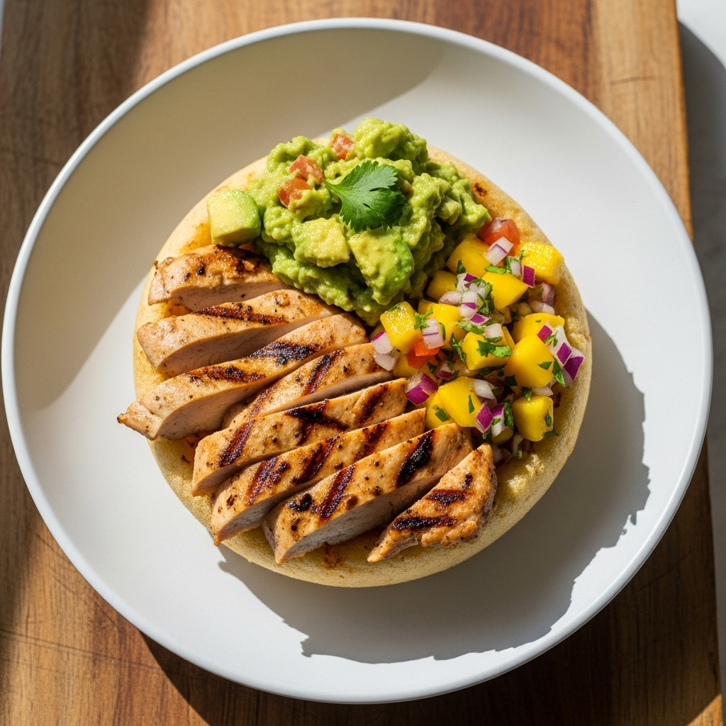 Colombian Arepa Bowl with Grilled Chicken, Guacamole, and Mango Salsa (Paleo-Friendly)