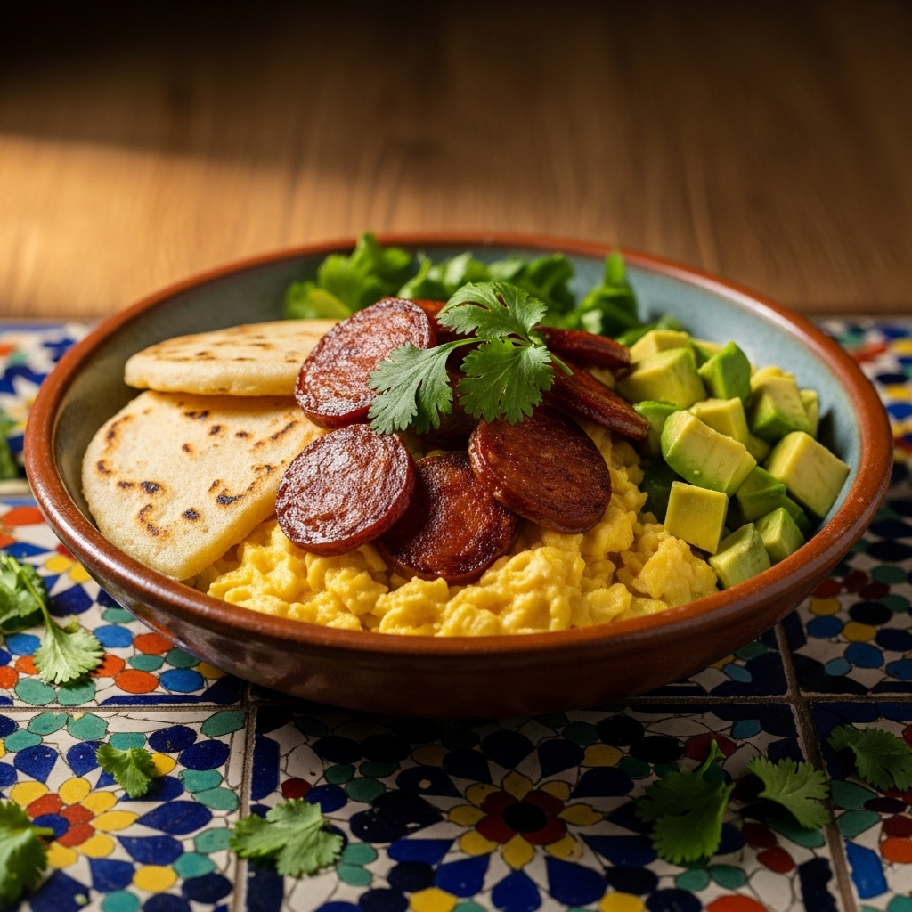 Colombian Arepa Breakfast Bowl: Avocado, Eggs, and Chorizo