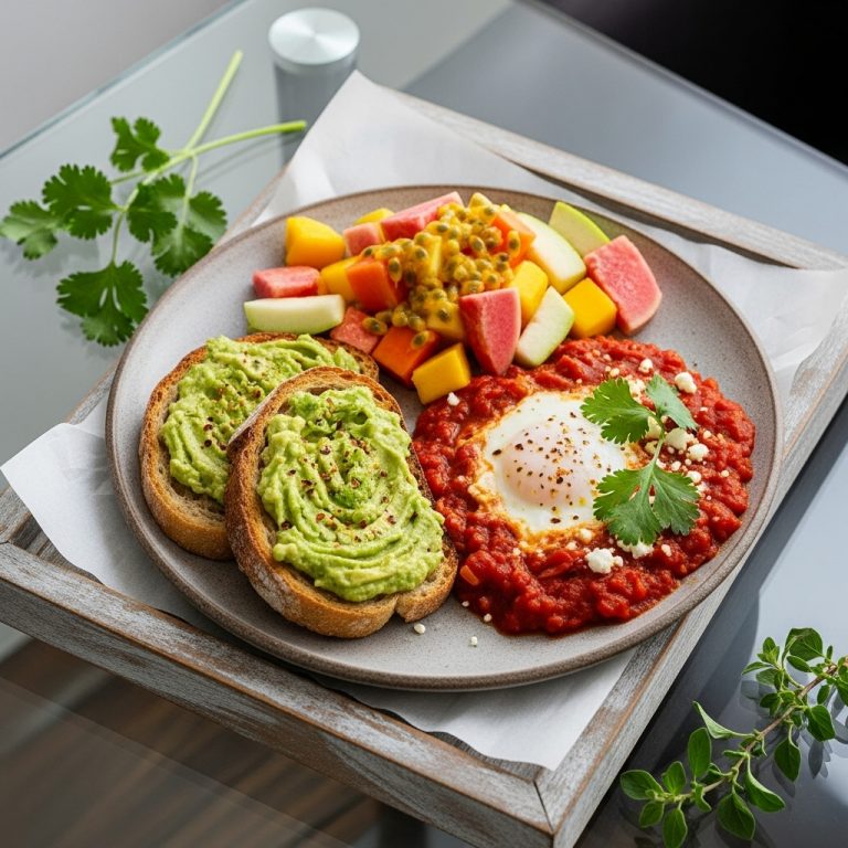 Colombian Brunch Delight: Aromatic Shakshuka with Avocado Toast and Tropical Fruit Salad
