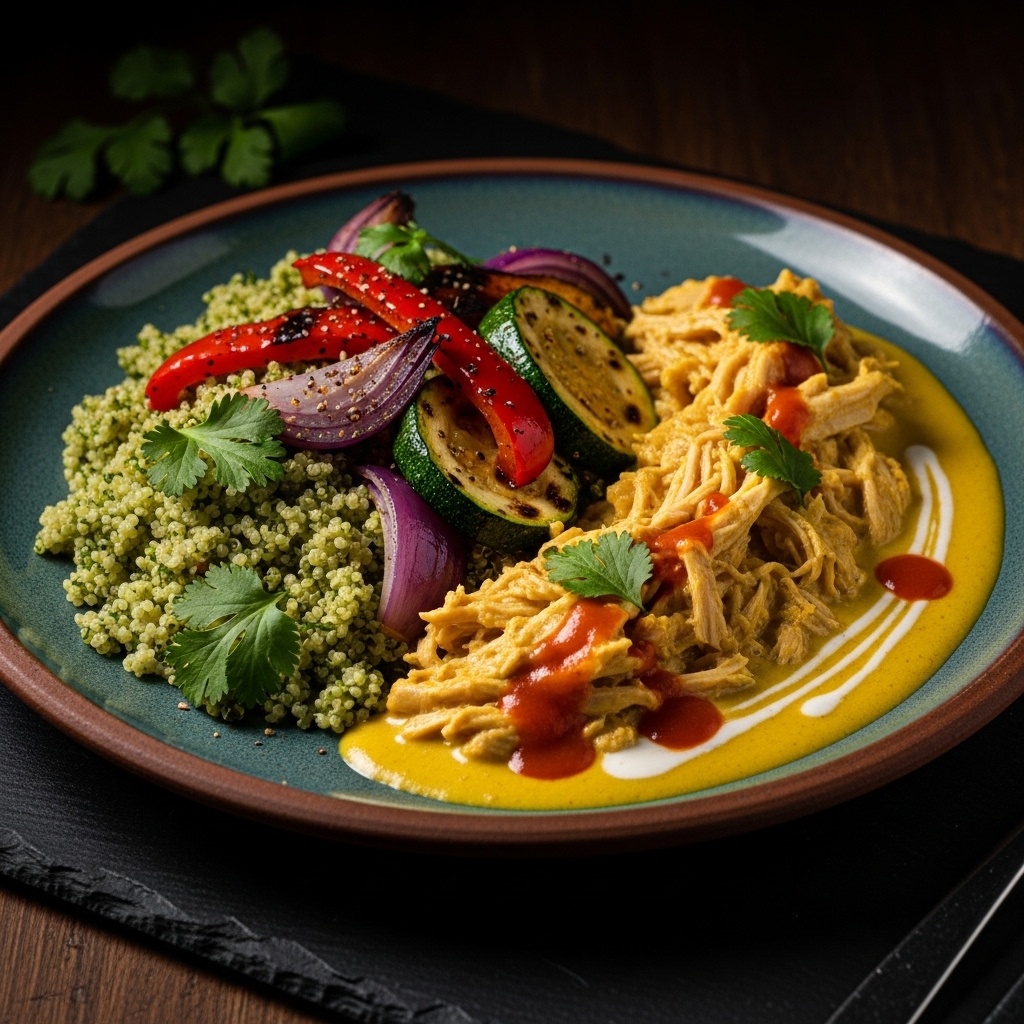 Colombian Lunch: Spicy Aji de Gallina Chicken with Roasted Vegetables and Cilantro-Lime Quinoa