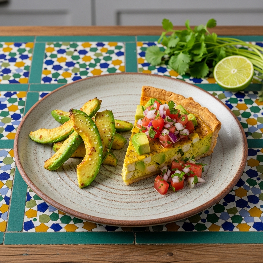 Colombian Vegan Brunch: Tropical Avo-Tofu Quiche with Salsa Criolla and Avocado Fries