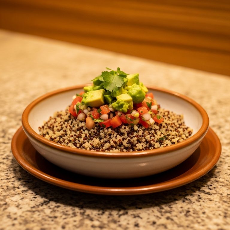 Colombian Vegan Dinner Delight: Hearty Quinoa Bowl with Aromatic Aji de Gallo & Creamy Avocado Salsa