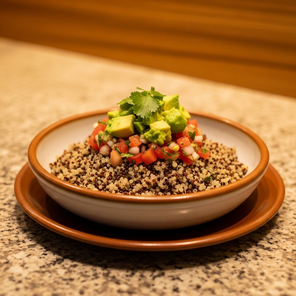 Colombian Vegan Dinner Delight: Hearty Quinoa Bowl with Aromatic Aji de Gallo & Creamy Avocado Salsa