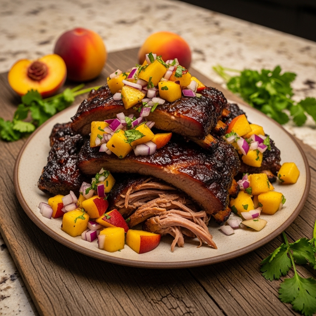 “Copycat Famous BBQ Ribs with Smoky Peach Salsa”