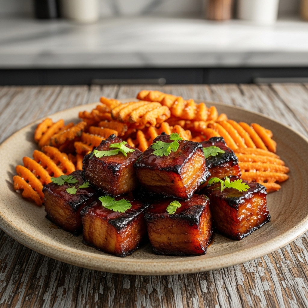 Copycat Memphis BBQ Pork Belly Bites with Sweet Potato Waffle Fries