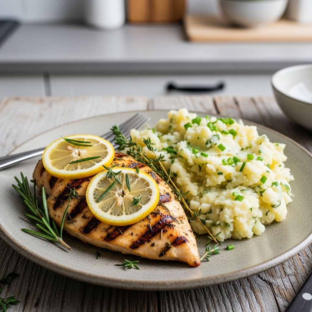 Copycat Restaurant Dinner – Grilled Lemon Herb Chicken and Garlic Mashed Potatoes