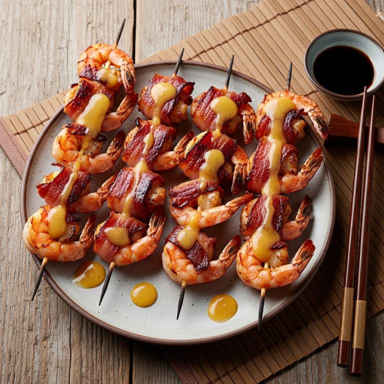 Copycat Smoky BBQ Bacon-Wrapped Shrimp Skewers with Honey Mustard Sauce
