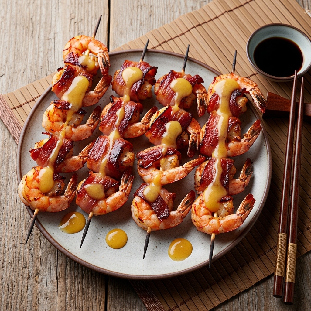 Copycat Smoky BBQ Bacon-Wrapped Shrimp Skewers with Honey Mustard Sauce