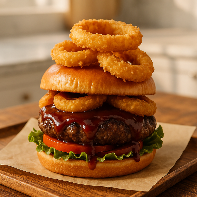 Copycat Smoky BBQ Burger with Crispy Onion Rings