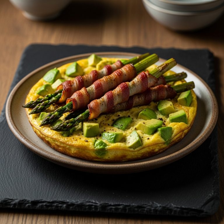 Creamy Avocado Paleo Brunch Frittata with Bacon-Wrapped Asparagus