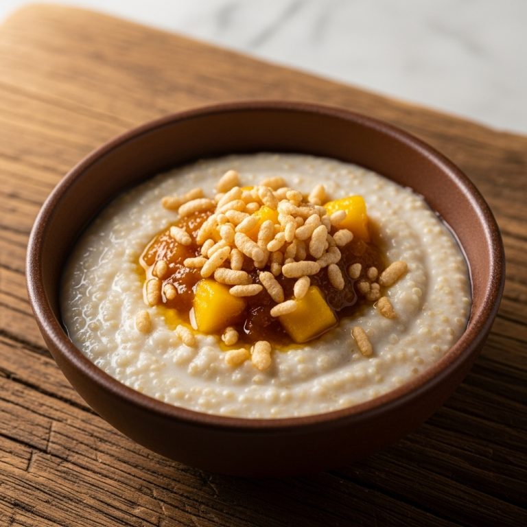 Creamy Coconut Quinoa Porridge with Mango Chutney and Crispy Rice Crunchers