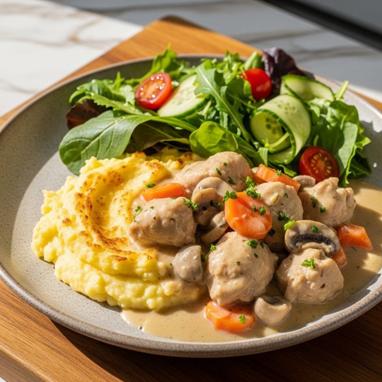 Creamy Dutch Chicken Stew with Gouda Mashed Potatoes and Crunchy Greens Salad