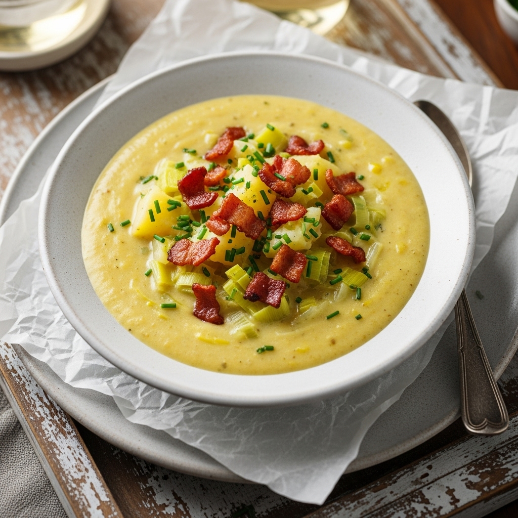 Creamy Dutch Potato and Leek Soup with Bacon Crumbles (Gluten-Free)