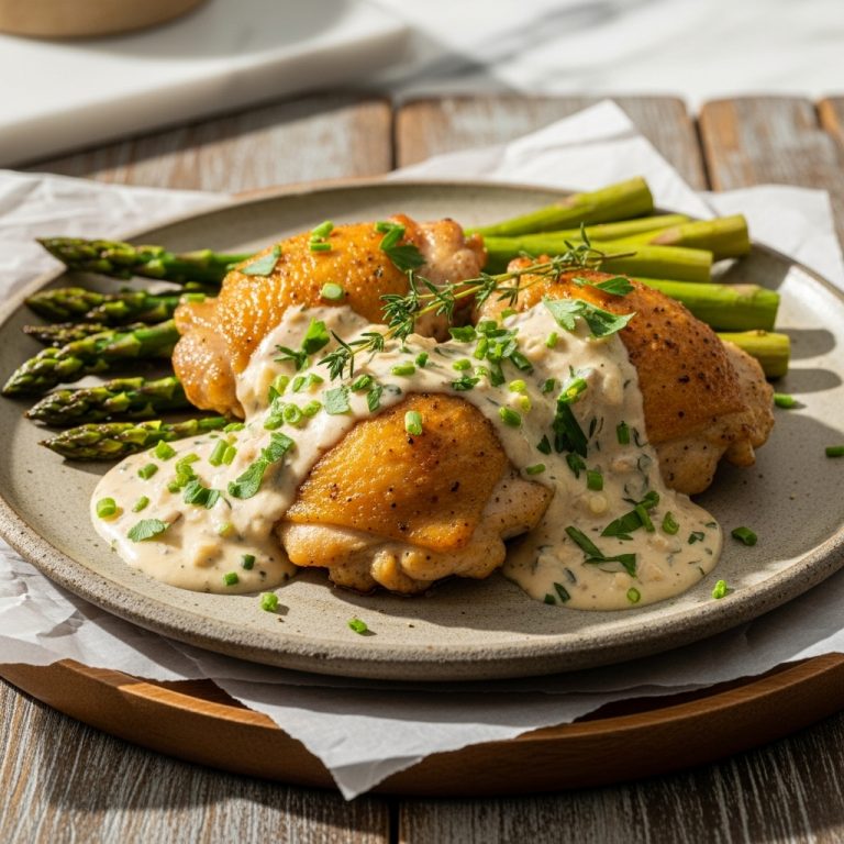 “Creamy Garlic Herb Chicken Thighs with Roasted Asparagus”