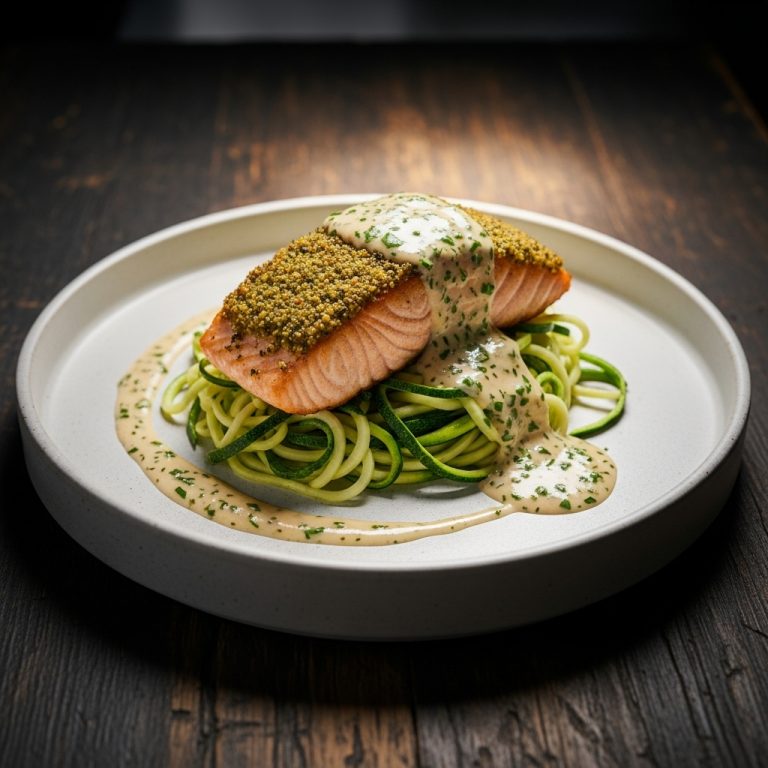 Creamy Garlic Herb Crusted Salmon with Zucchini Noodles