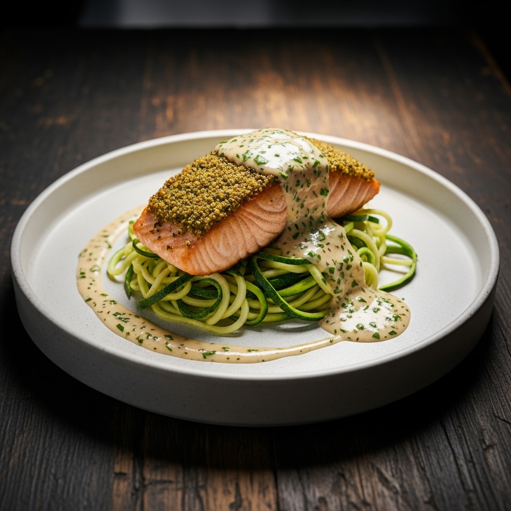 Creamy Garlic Herb Crusted Salmon with Zucchini Noodles