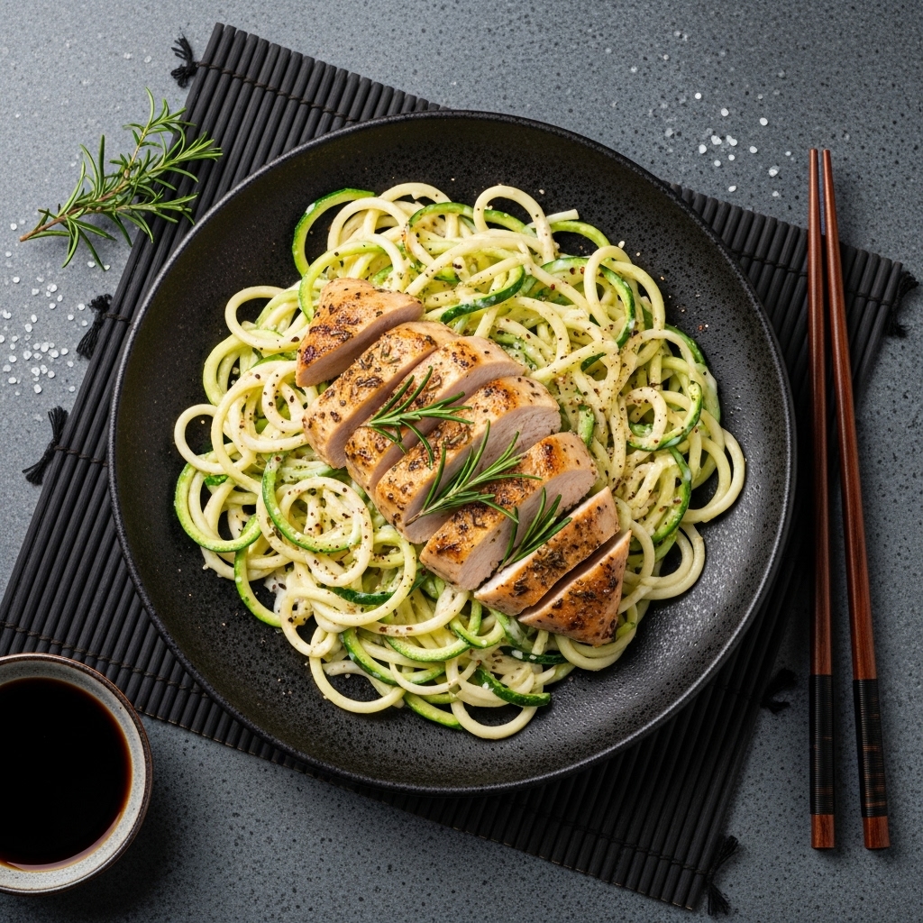 Creamy Garlic Parmesan Zucchini Noodles with Grilled Herb Chicken
