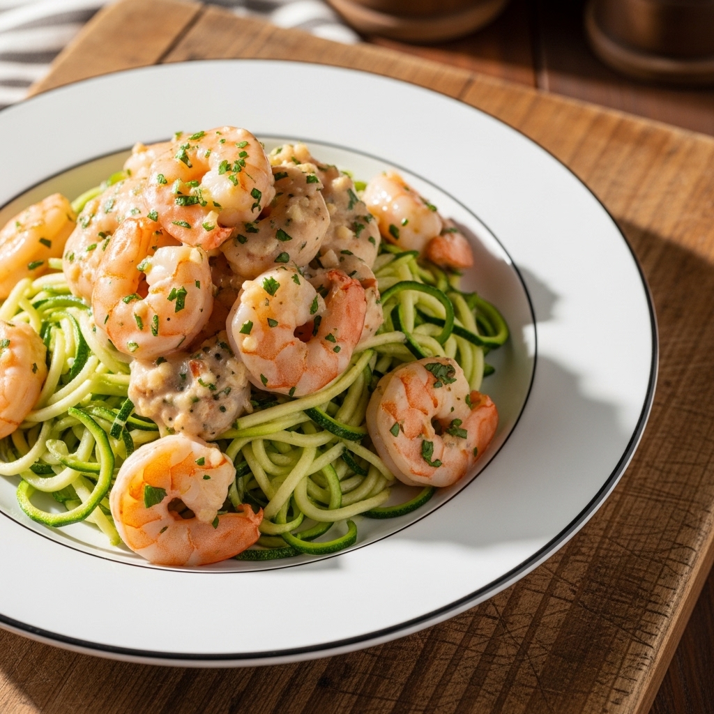 Creamy Garlic Shrimp Scampi Over Zucchini Noodles (Keto-Friendly)