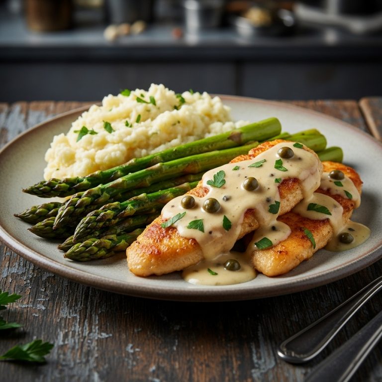 Creamy Keto Chicken Piccata with Roasted Asparagus and Garlic Parmesan Mashed Cauliflower