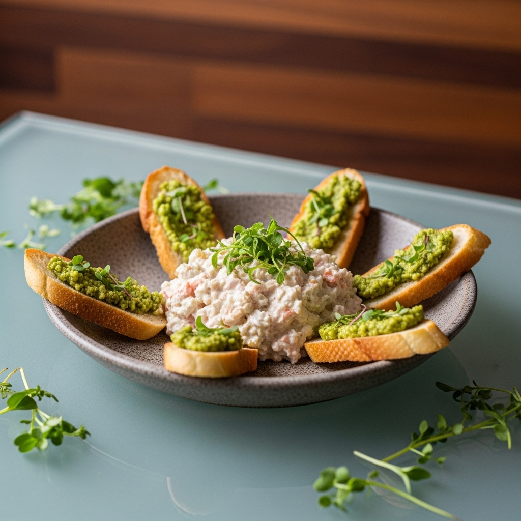 Creamy Keto Crab Dip with Avocado Pesto Crostini