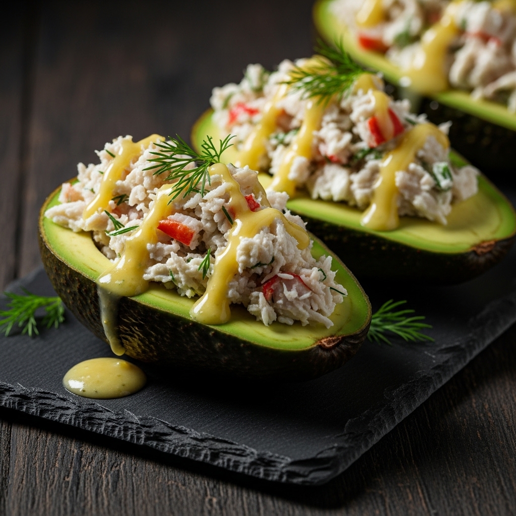 Creamy Keto Crab Stuffed Avocado Boats with Lemon Dill Sauce