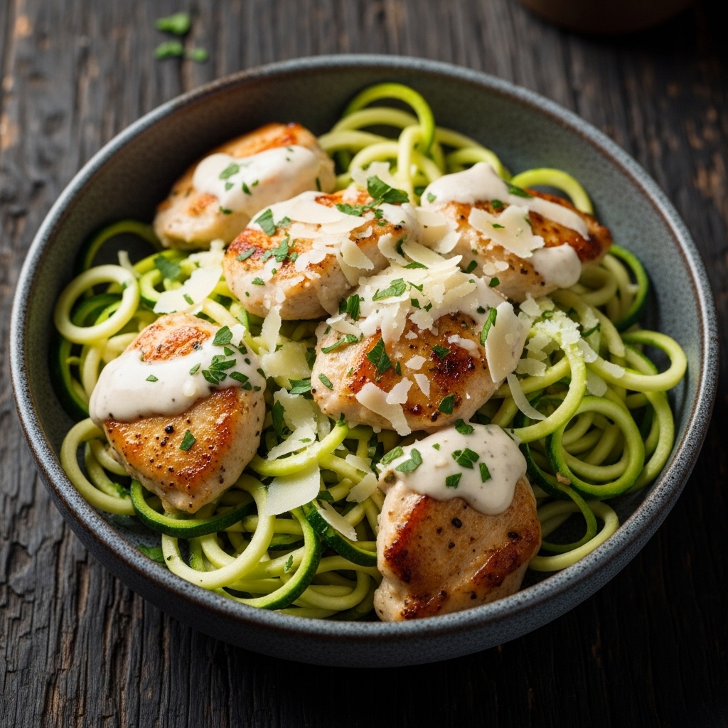 Creamy Keto Garlic Chicken Alfredo with Zucchini Noodles