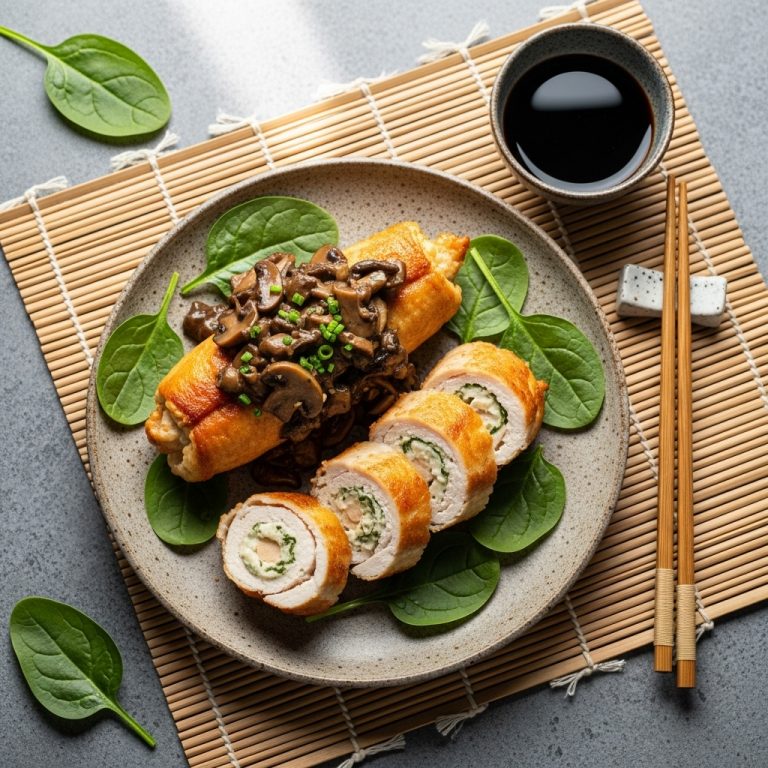 Creamy Keto Stuffed Chicken Rolls with Wild Mushroom Sauce and Spinach