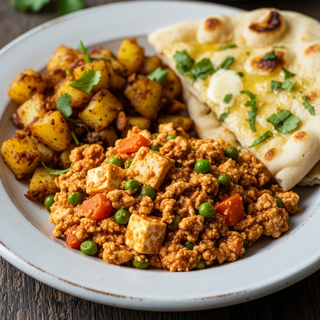 Creamy Mixed Vegetable Paneer Bhurji with Spiced Potato Hash and Garlic Naan