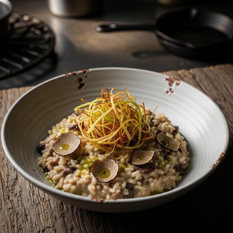 Creamy Mushroom Risotto with Crispy Leeks and Truffle Oil