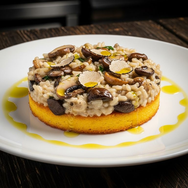 Creamy Mushroom Risotto with Gluten-Free Polenta Crust and Truffle Oil Drizzle