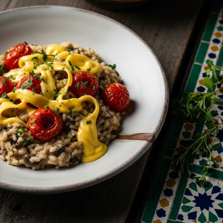 Creamy Mushroom Risotto with Roasted Cherry Tomatoes and Vegan Hollandaise