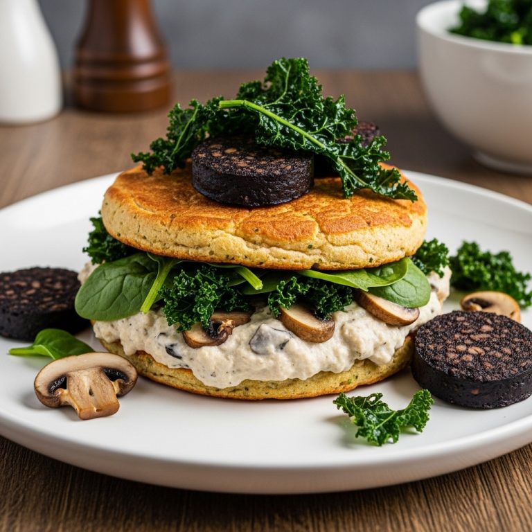 Creamy Mushroom and Spinach-Stuffed Irish Soda Bread Pancakes with Vegetarian Black Pudding Sausages and Crispy Kale