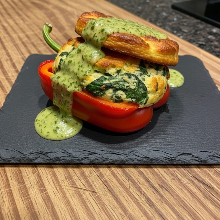 Creamy Mushroom and Spinach Stuffed Pepper Souffle with Garlic Herb Sauce