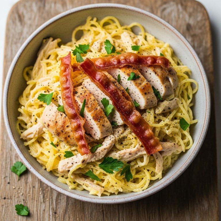 Creamy Paleo Chicken Alfredo with Spaghetti Squash and Crispy Prosciutto