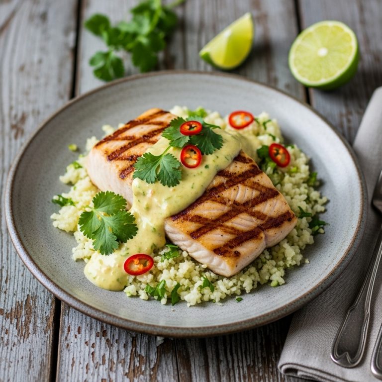 Creamy Polynesian Grilled Fish with Cauliflower Rice and Lime-Ginger Aioli