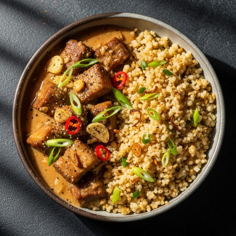 Creamy Pork Adobo with Garlic Fried Cauliflower Rice (Keto Filipino Dinner)