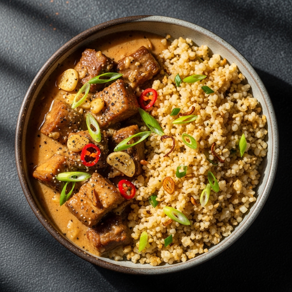 Creamy Pork Adobo with Garlic Fried Cauliflower Rice (Keto Filipino Dinner)