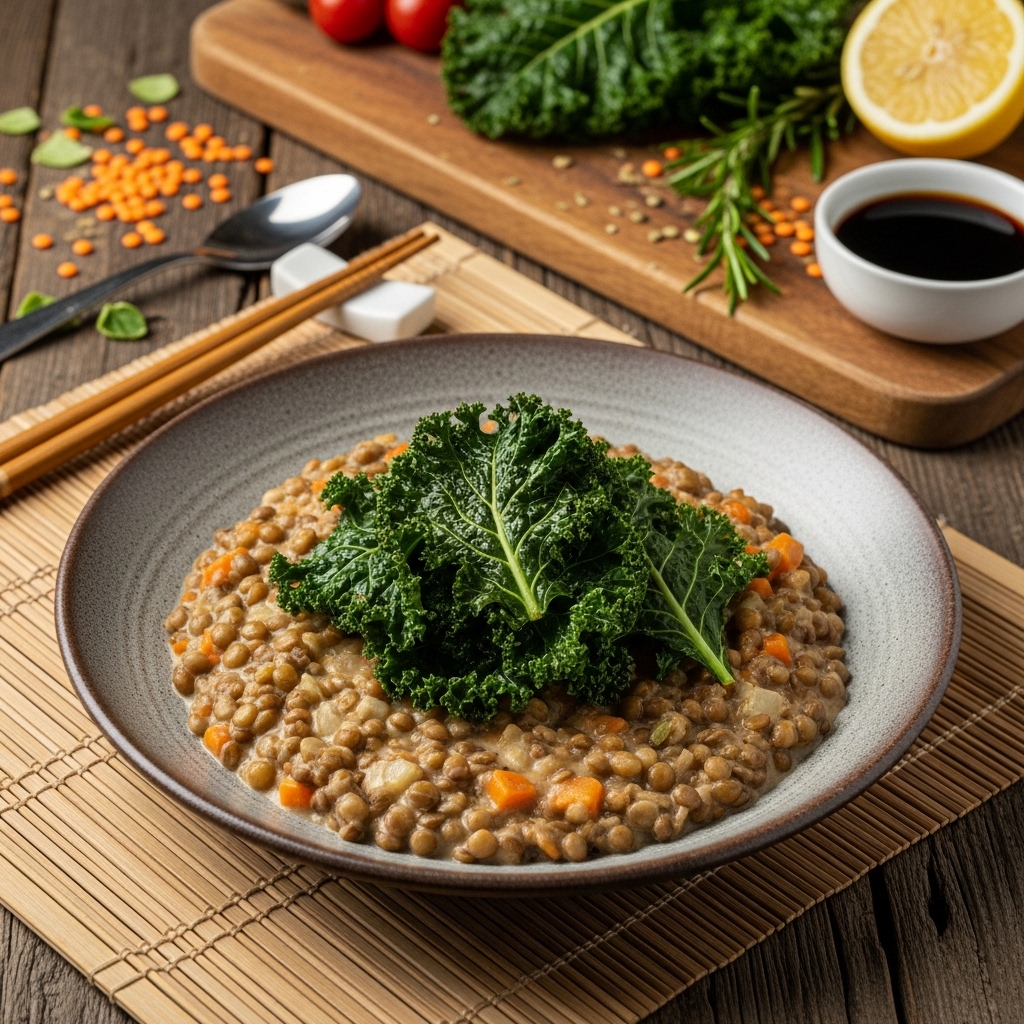 Creamy Portuguese Vegetarian Lentil Stew with Crispy Kale Topping