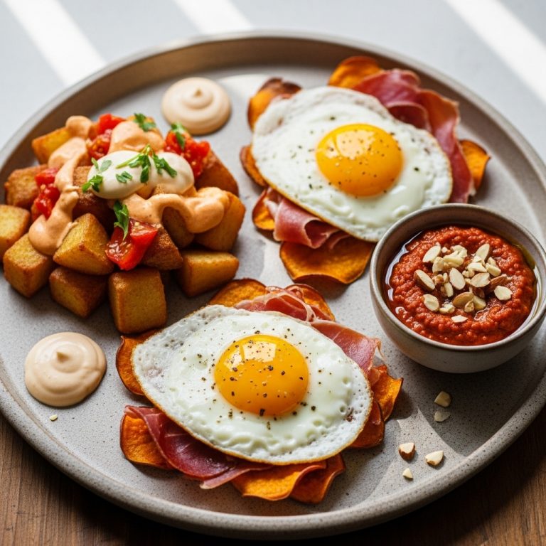Creamy Spanish Paleo Brunch Tapas Platter: Patatas Bravas, Huevos Rotos, and Salsa Romesco