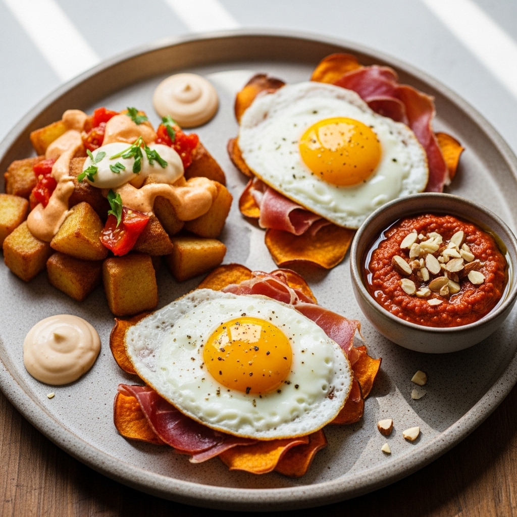 Creamy Spanish Paleo Brunch Tapas Platter: Patatas Bravas, Huevos Rotos, and Salsa Romesco