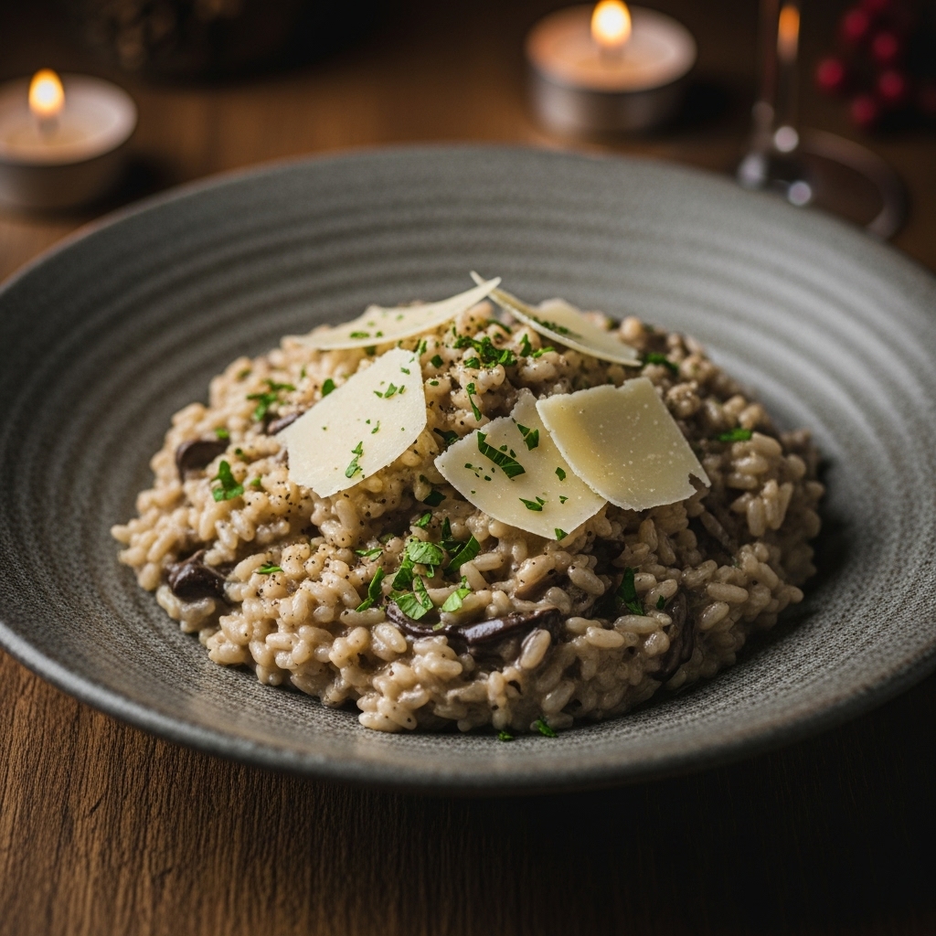 Creamy Truffle Mushroom Risotto with Aged Parmesan Shavings – An Exquisite Italian Snack